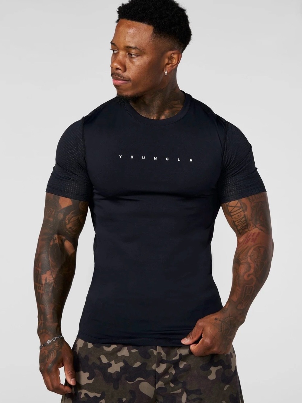 YoungLA AirFlex Compression Tee Men's Black Performance Fit Crewneck T-Shirt XL